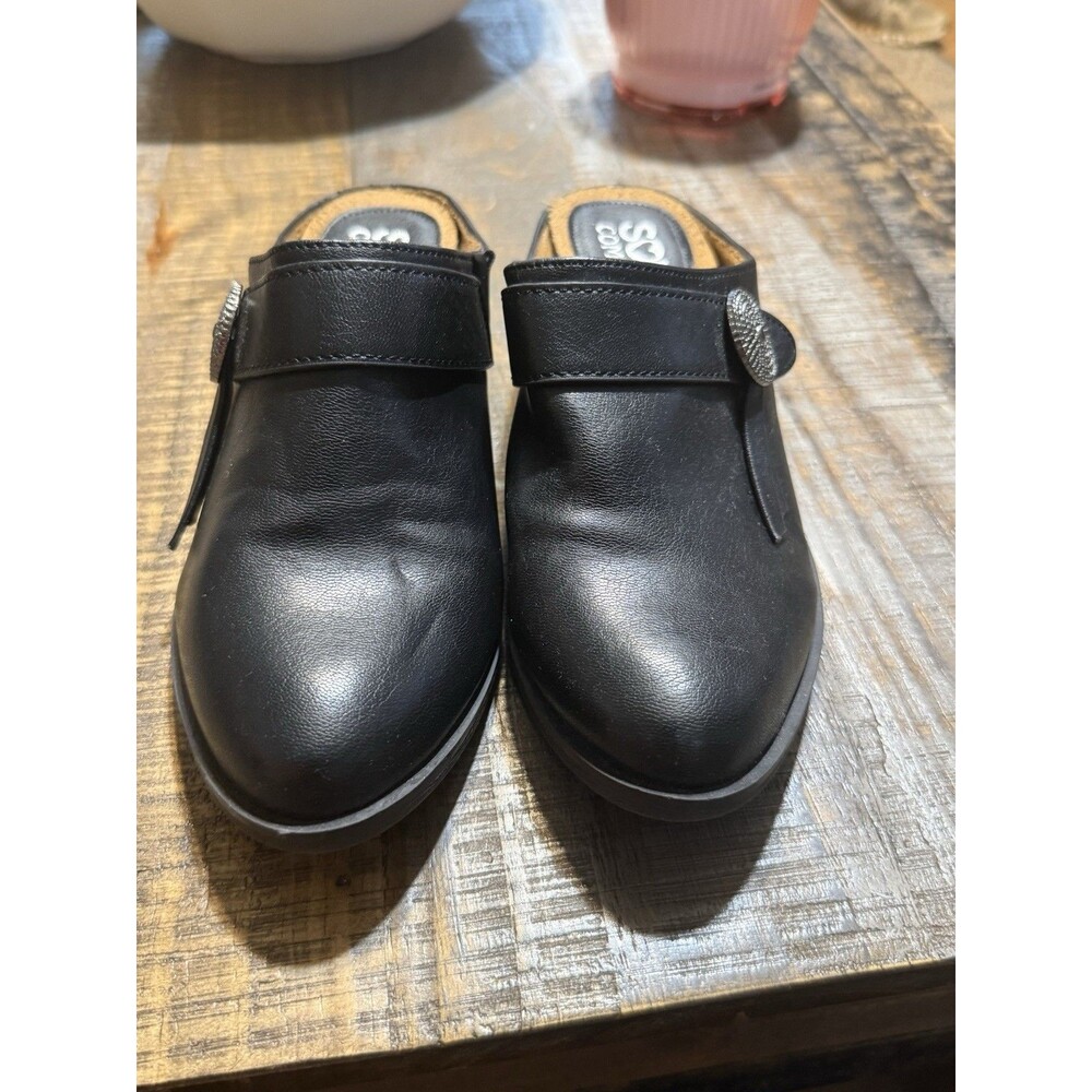 Soft comfort women’s black slip on mules with decorative buckle